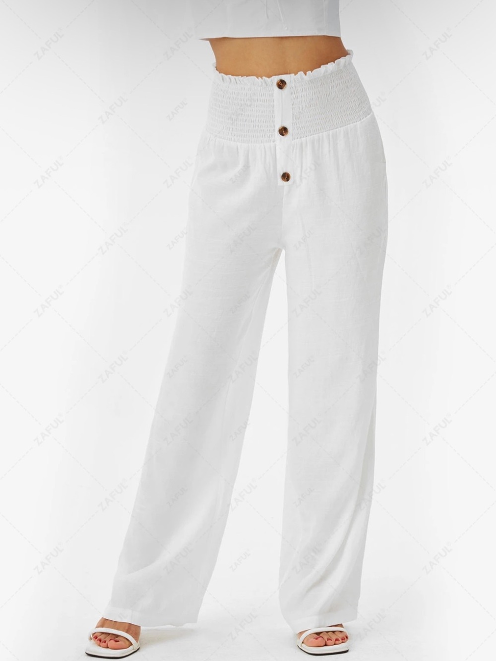 Zaful “Mock Button Shirred Waist Wide Leg Sailor Pants”
